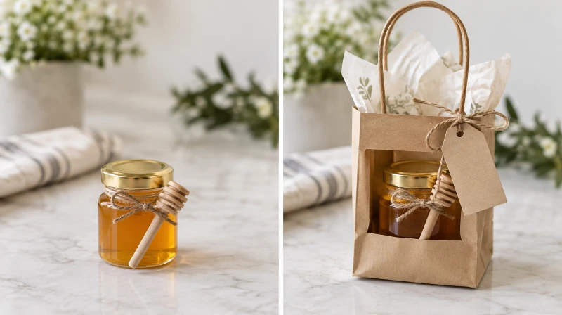 Before and after of a plain party favor and one nicely packaged with tissue and a tag