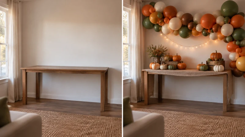 Before and after of a plain living room corner styled for a little pumpkin baby shower
