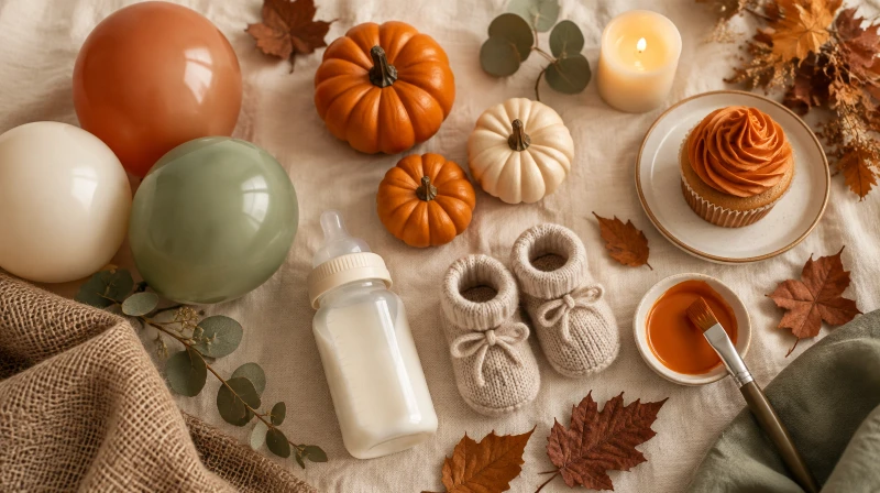 A little pumpkin baby shower color palette with orange, cream, and sage balloons, small pumpkins, dried leaves, burlap, and a baby bottle