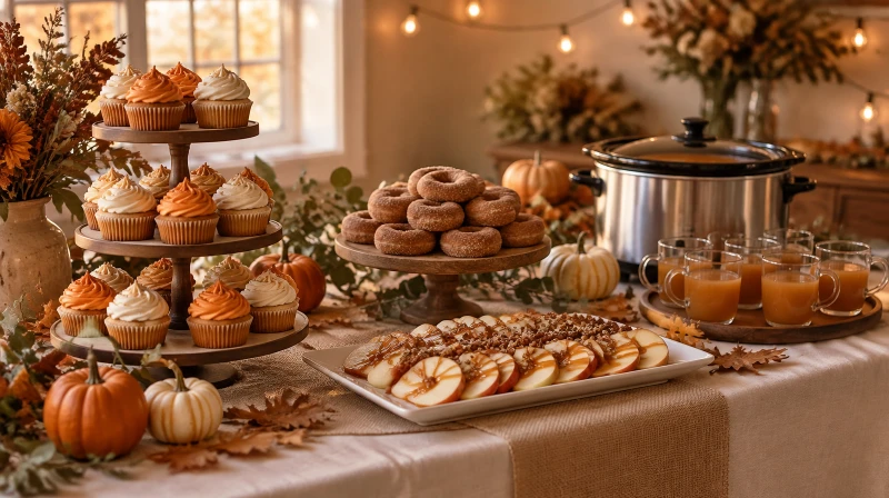 A fall baby shower dessert table with pumpkin cupcakes, apple cider donuts, caramel apples, and a pot of warm cider
