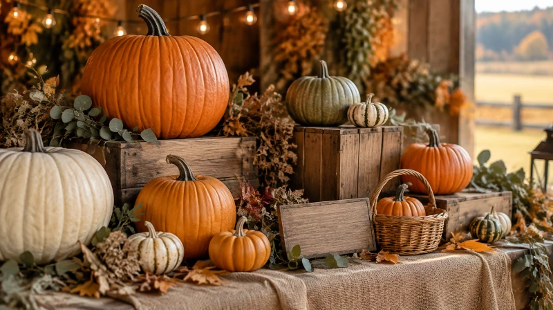 A pumpkin patch display table with large and small pumpkins on crates, a burlap runner, dried leaves, and a wooden welcome sign