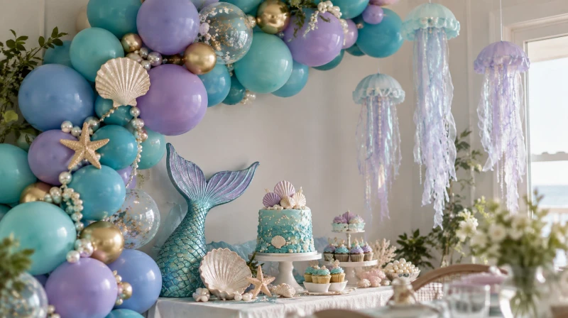 Mermaid birthday decorations with a teal balloon garland, shells, and a mermaid tail