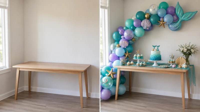 Before and after of a plain corner styled for a mermaid birthday party