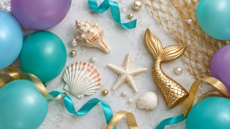A mermaid birthday party color palette in teal, purple, blue, and gold