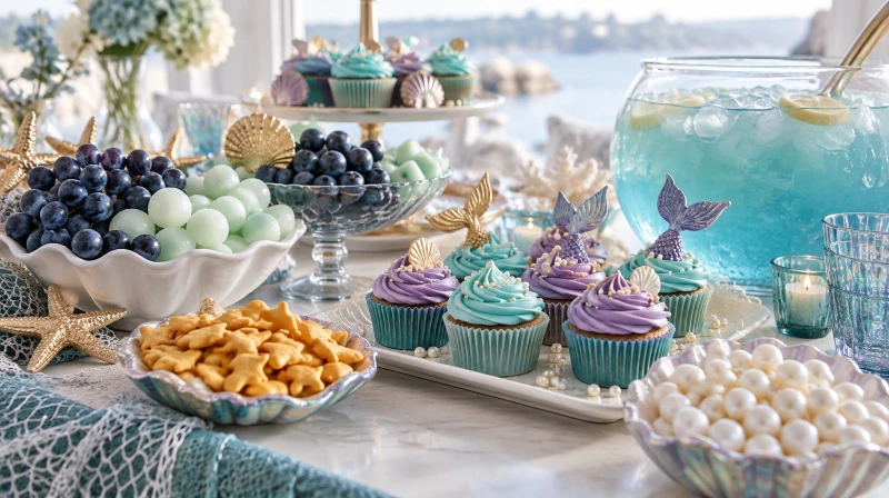 A mermaid party food table with blue treats, fish crackers, and pearl snacks