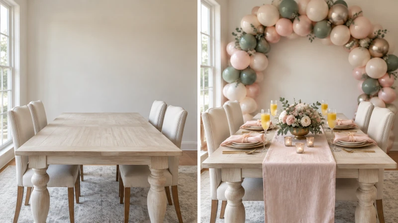 Before and after of a plain table styled for a Mother's Day brunch