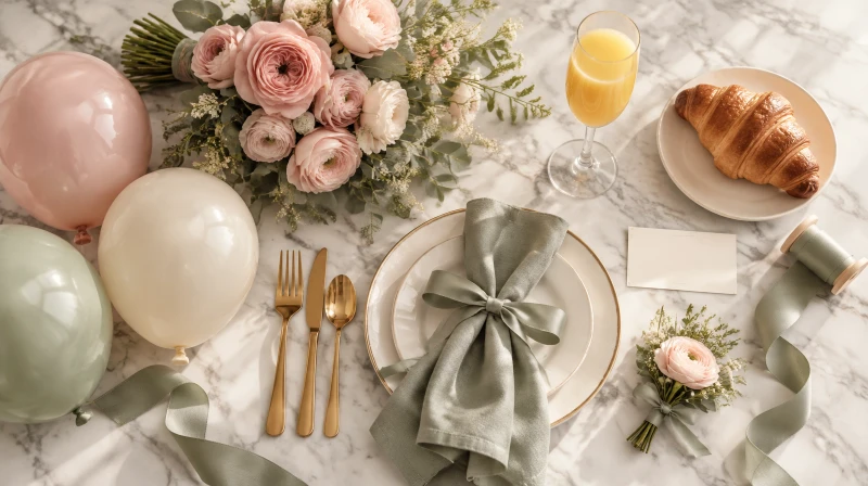 A Mother's Day brunch color palette in blush, cream, sage, and soft florals