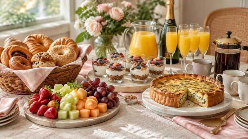 A Mother's Day brunch food table with pastries, a fruit platter, and a mimosa bar