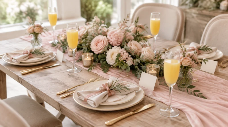A Mother's Day brunch table with a floral centerpiece, pastel place settings, and mimosas