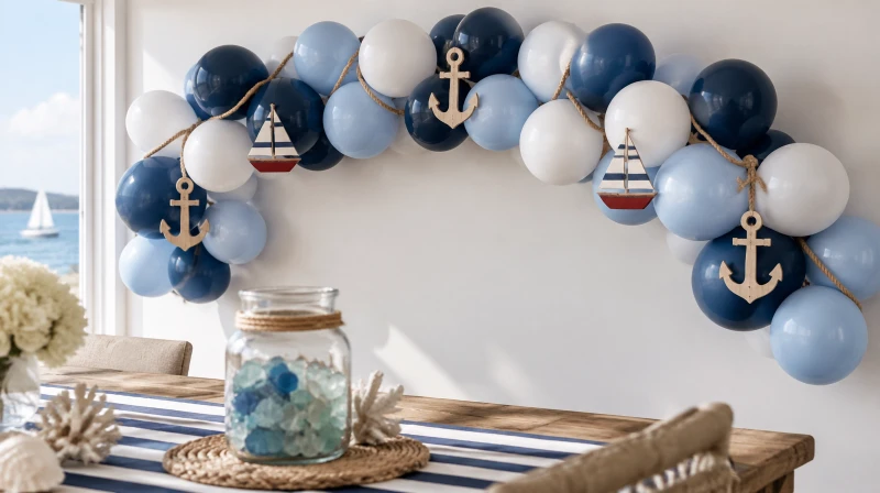 Nautical baby shower decorations with a navy balloon garland and anchors