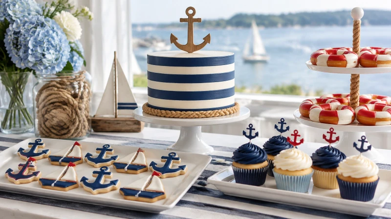 A nautical baby shower dessert table with an anchor cake and boat cookies