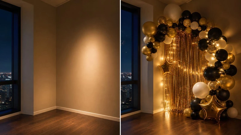 Before and after of a plain corner styled for a glam New Year's Eve party