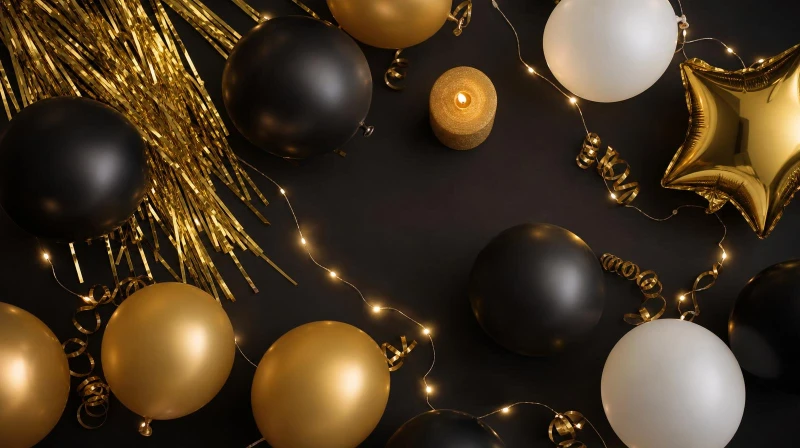 A New Year's Eve color palette in black, gold, and silver with balloon swatches