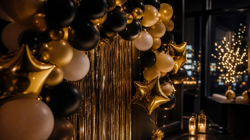 New Year's Eve decorations with a black and gold balloon garland and fringe curtains
