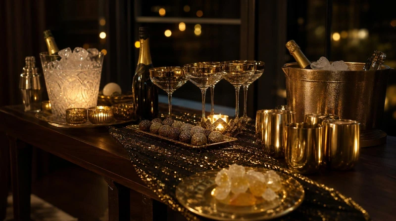A glam New Year's Eve drinks table with gold cups and a black and gold runner