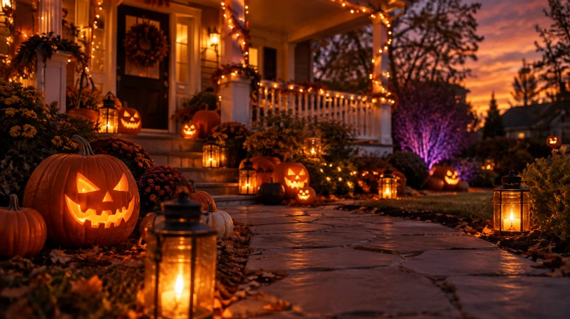 Outdoor Halloween lighting with glowing pumpkins, string lights, and lanterns