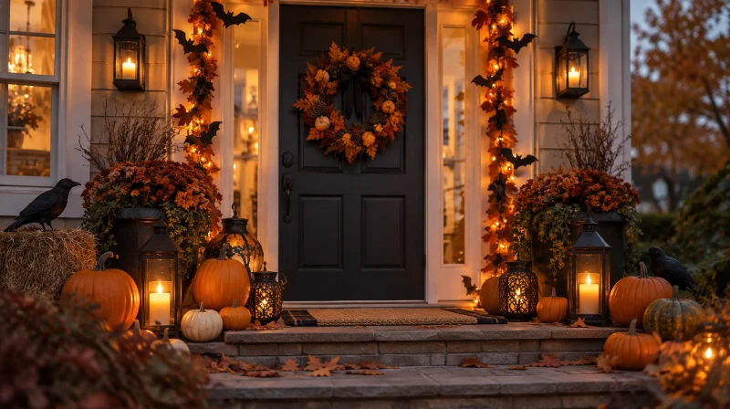 An outdoor Halloween porch and doorway with pumpkins, a wreath, and lanterns