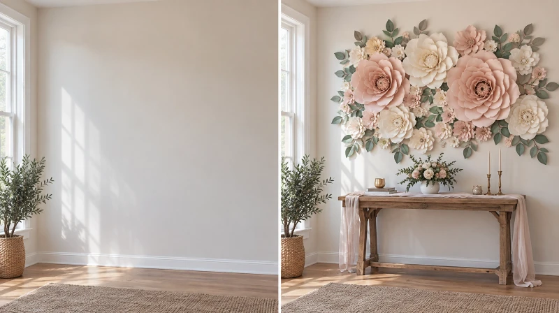 Before and after of a plain wall turned into a paper flower backdrop