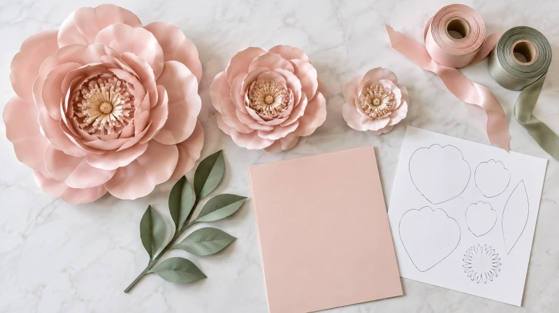 Paper flower backdrop color palette featuring blush pink, cream, sage green, and metallic cardstock