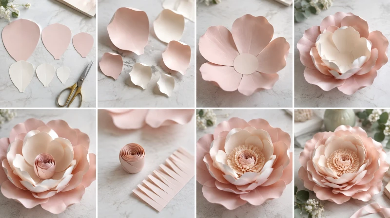 Step-by-step of making a large paper flower from cut and curled petals