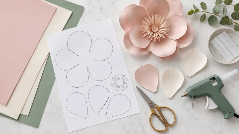 Paper flower backdrop supplies including cardstock, template, scissors, and glue