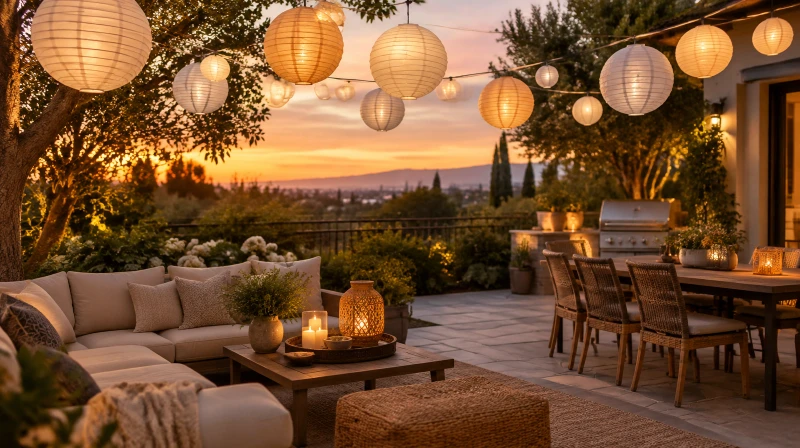 Paper lanterns strung across a backyard patio glowing at dusk