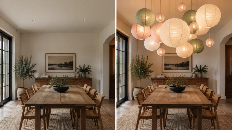 Before and after of a plain ceiling styled with a paper lantern cluster