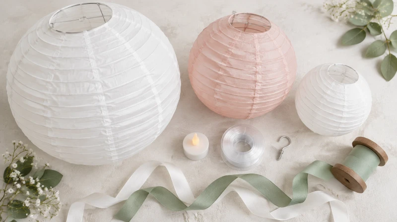 Paper lantern supplies: white and blush lanterns, a flameless tea light, fishing line, a hook, and sage ribbon