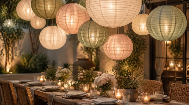 Paper lanterns hanging in a cluster at different heights over a party table