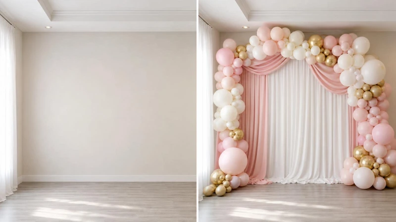 A side-by-side before-and-after of a bare wall turned into a styled party backdrop with a balloon garland and draped fabric.