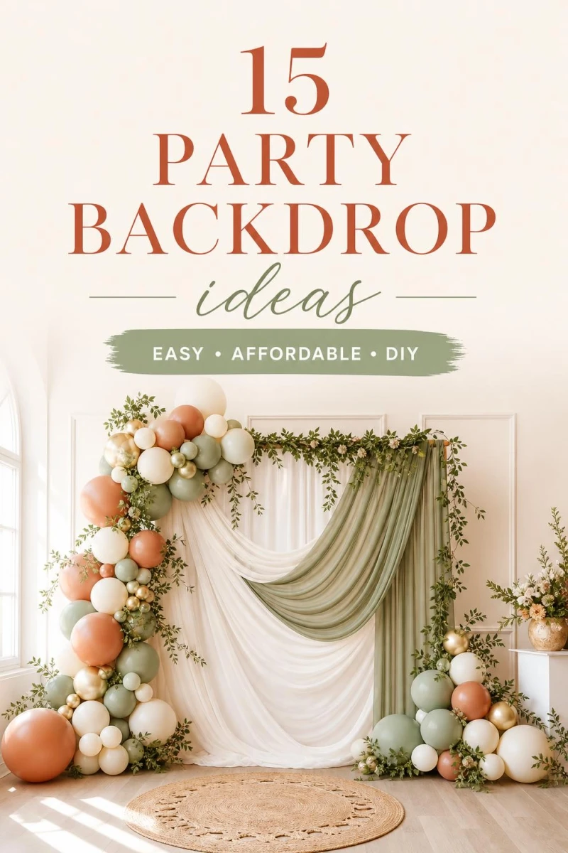 A Pinterest graphic with the text "15 Party Backdrop Ideas" over a styled balloon-and-fabric backdrop.