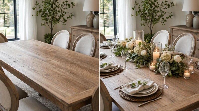 Before and after of a plain table with a styled party centerpiece added