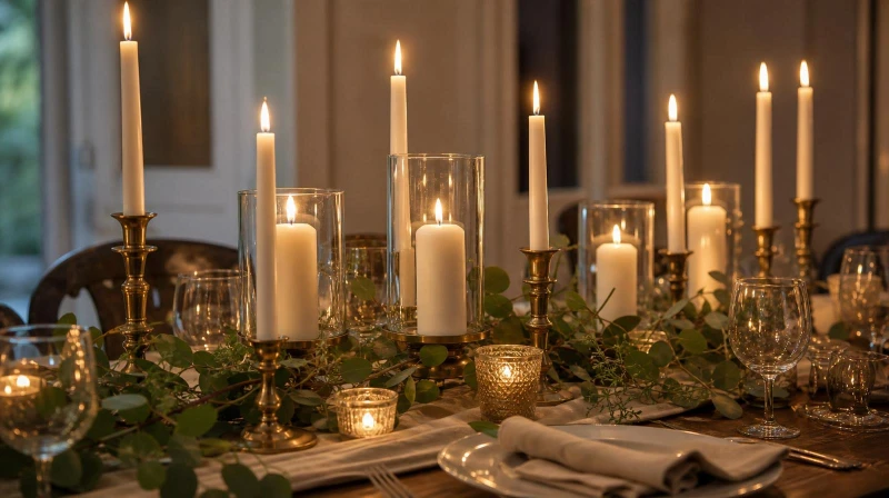 A candle party centerpiece with pillar candles at varied heights and greenery
