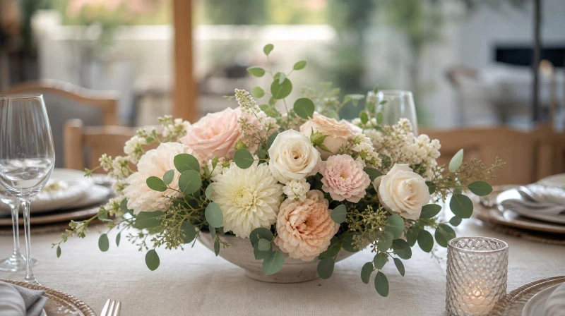 A low floral party centerpiece with mixed blooms and greenery