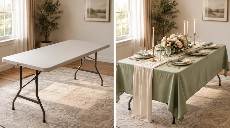 Before and after of a plain folding table styled as a party table with a cloth, runner, centerpiece, candles, and place settings