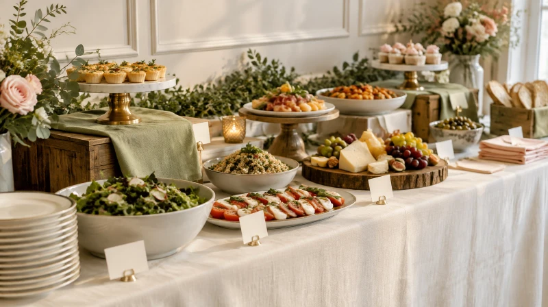 A buffet party table with a cream cloth, risers at three heights, food in bowls and platters, small signs, and a garland