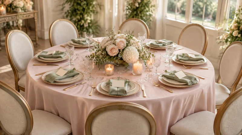 A round party table with a blush tablecloth, a low flower centerpiece, candles, napkins, and place cards for 8