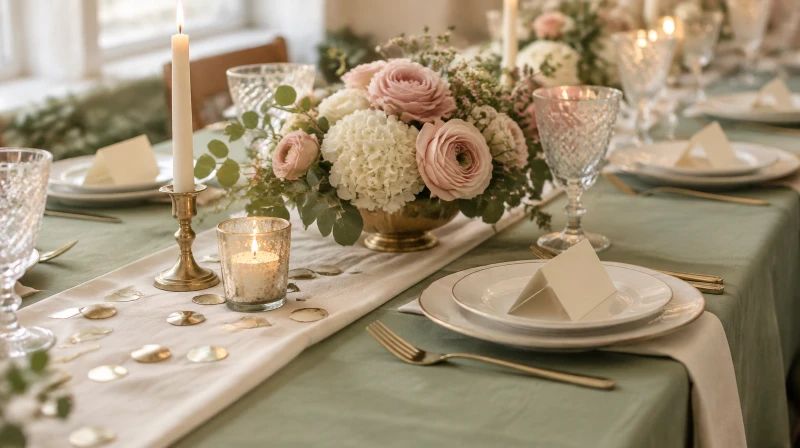 A party table with a sage tablecloth, a runner, a low centerpiece, candles, and place cards, shown as three layers