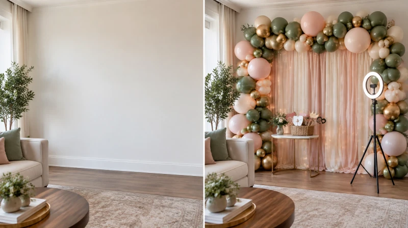 Before and after of a plain wall styled as a photo booth with a balloon garland backdrop, a prop table, and a tripod