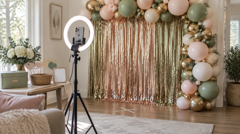 A photo booth corner with a balloon garland backdrop, a basket of props on a small table, a floor marker, a tripod with a phone, and a ring light