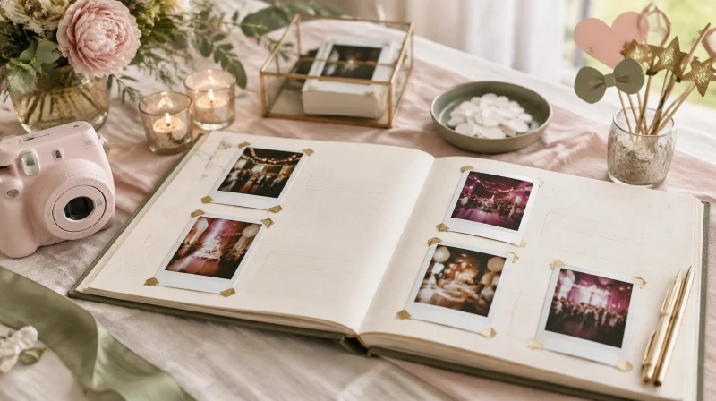 A photo guest book on a table with instant photos glued in, handwritten notes, pens, glue dots, and a small stack of props