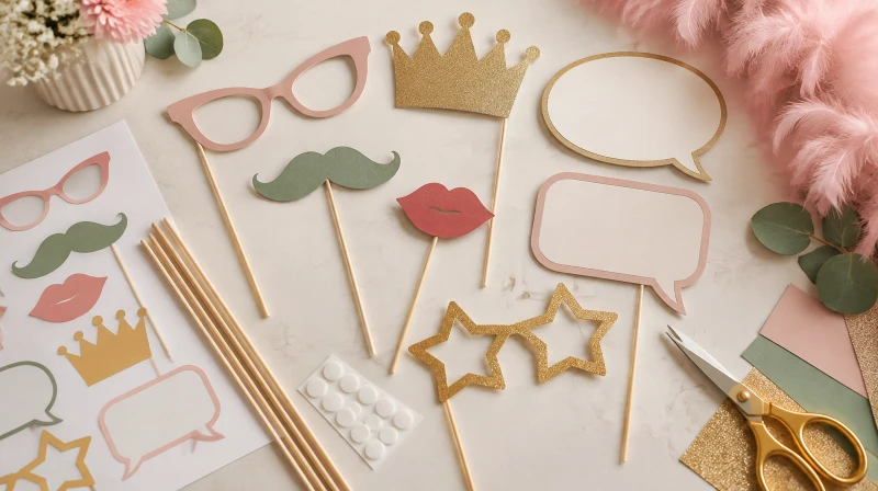 A flat-lay of DIY photo booth props including paper glasses, a mustache, a crown, speech bubbles, a lips cutout, star glasses, and a blank frame on a table