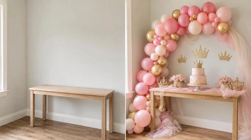 Before and after of a plain corner styled for a princess birthday party