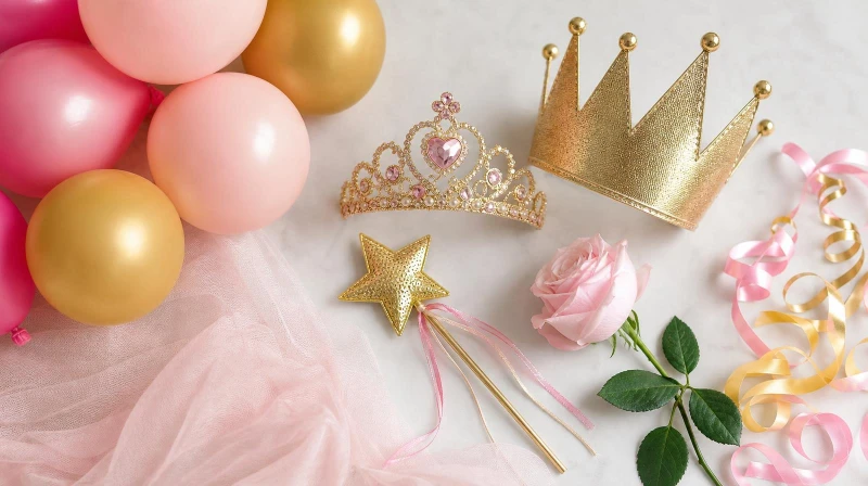 A princess birthday party color palette in blush, pink, gold, and cream