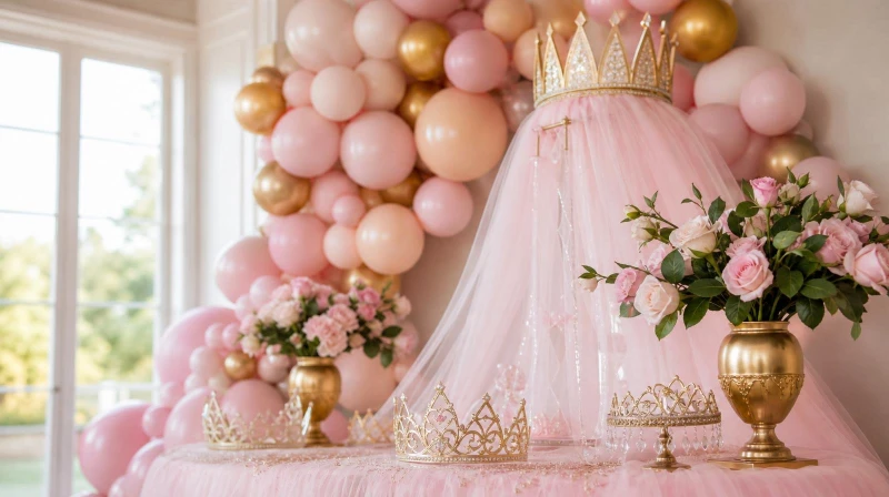 Princess birthday decorations with a blush balloon garland, gold crowns, and tulle