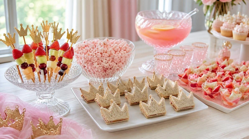 A princess party food table with pink treats, fruit wands, and crown sandwiches
