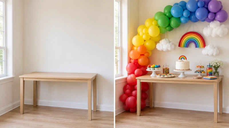 Before and after of a plain corner styled for a rainbow birthday party