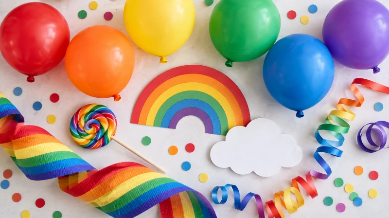A rainbow birthday party color palette in red, orange, yellow, green, blue, and purple