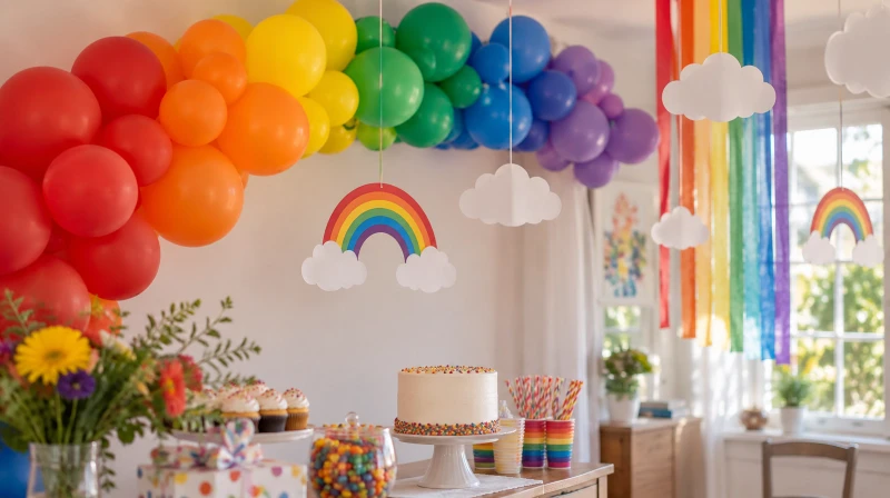 Rainbow birthday decorations with a rainbow balloon garland and hanging clouds