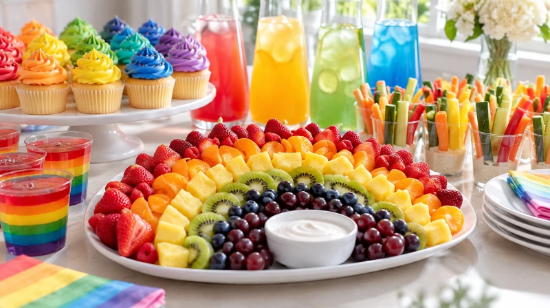 A rainbow party food table with a rainbow fruit tray and colorful treats